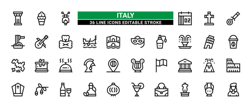 36 Italy Line Icons Set Pack Editable Stroke Vector Illustration.