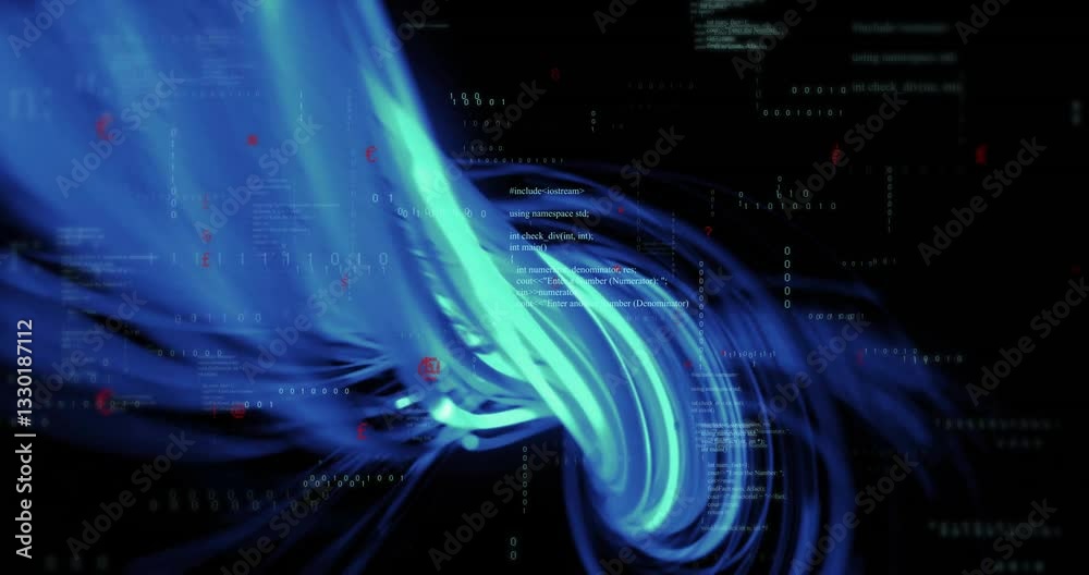 Poster blue and green swirling patterns with digital code overlay creating animation