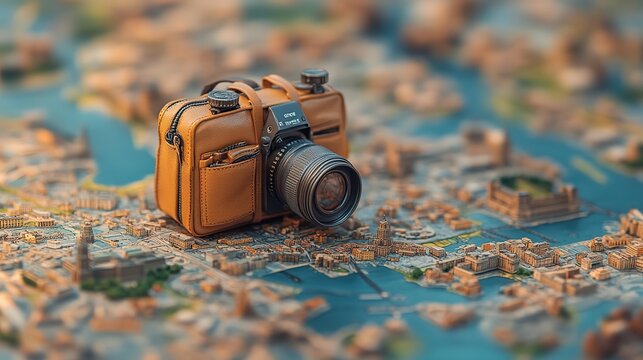a travel plan concept, big vintage camera on world map 