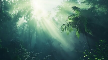 A serene forest scene with sunlight filtering through dense foliage.