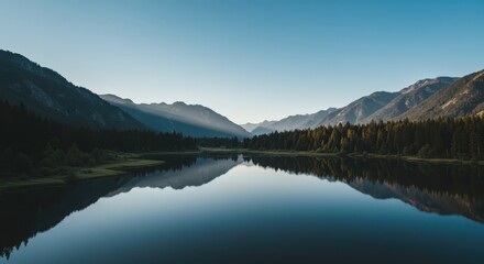 Fototapeta premium Serene Lake landscape with mountain and forest reflection. Water Day background. Tranquil scene for meditation, recreation, conservation or environment. 