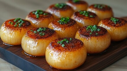 Roasted caramelized onions, arranged on a wooden board