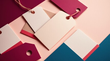 Paper tags and envelopes on a colorful background creating an artistic, modern, and inviting scene.