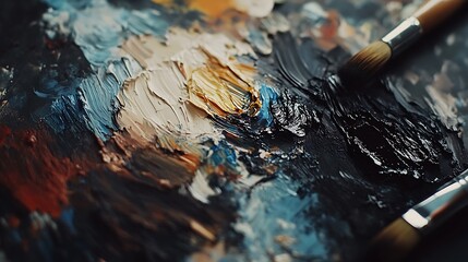Obraz premium A close-up of a painter's palette showcasing vibrant colors and brushes.