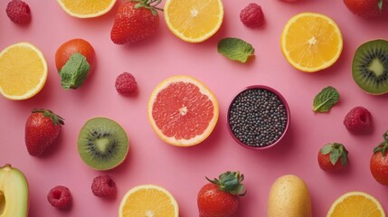 Colorful Fruit And Seeds Arranged On Pink Background