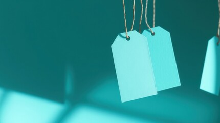 Aqua price tags hanging on a string, showcasing retail concepts and marketing. Minimalist presentation.