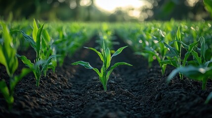 Young corn plants emerge from fertile soil