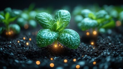 The Enchanting Growth: A Young Plant Sprouting in the Dark Earth, Illuminated by a Magical Glow