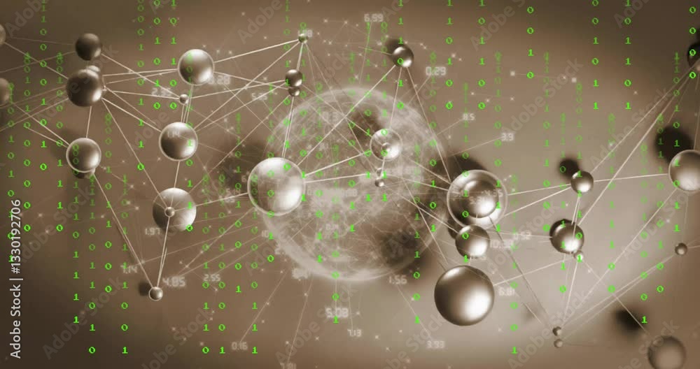 Poster animation of spheres connecting with lines and binary code over globe background