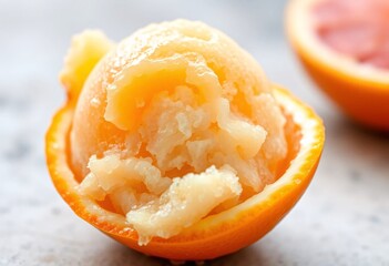 Refreshing Orange Sorbet, A Delightful Citrus Treat. Served In A Natural Orange Peel. Frozen Dessert. Delicious Fruit Flavor For A Summertime Indulgence.