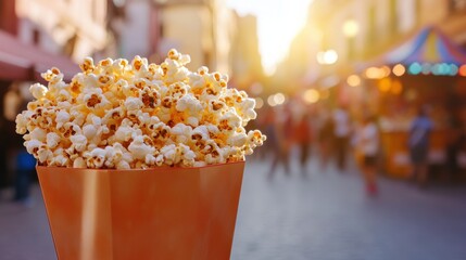 Freshly Popped Popcorn in Bright Street Market at Sunset