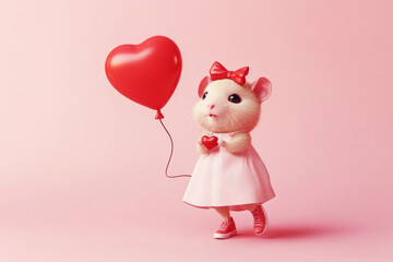 This adorable baby girl hamster, with a bow-knot on her head, wears a cute dress and sneakers while holding a red heart-shaped balloon, radiating joy and playfulness