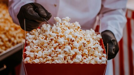 Freshly Popped Popcorn in Red Box at Movie Theater or Event