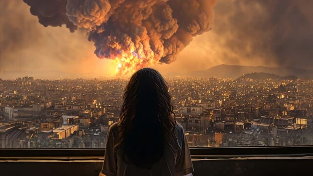 Girl looking at the nuclear explosion. Atomic bomb blast in the city. Apocalypse and world war