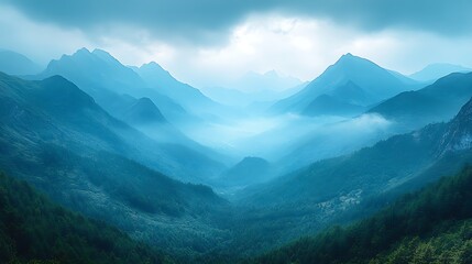 Fototapeta premium Misty Blue Mountain Range Vista: A Serene Landscape of Forested Peaks and Valleys under a Cloudy Sky.
