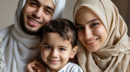Fototapeta premium Joyful family portrait of a mother, father, and child sharing a warm embrace and quality time together in a cozy living space