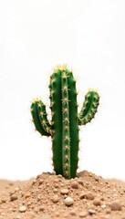Naklejka premium Single small cactus on white background in desert landscape, cactus, terrain, simplicity