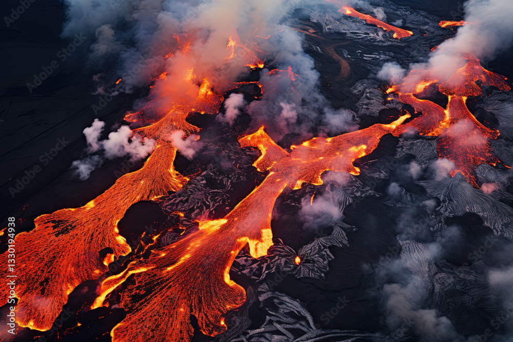 Wall mural volcano eruption from a bird view. volcano crater and magma flow shot from above. genertated ai.