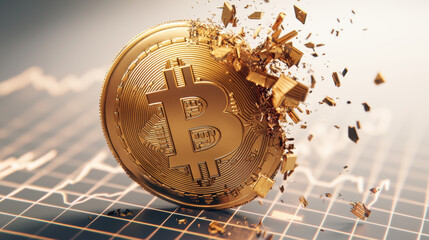 Gold and Cryptocurrency Volatility in Financial, Golden cryptocurrency coin shattering into fragments on graph