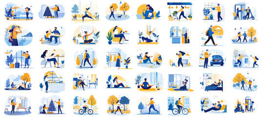 Lifestyle vectors bundle collection featuring 40 pieces illustrating daily activities and healthy living