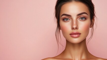 Fototapeta premium Elegant Woman with Flawless Skin Posing Against Pink Background