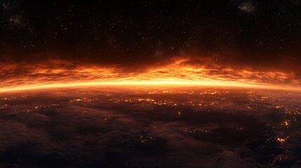 Naklejka premium A stunning view of a fiery horizon above a planet's surface, evoking a sense of wonder.
