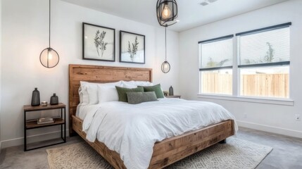 Modern farmhouse bedroom with a rustic wooden bed and pendant lighting