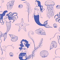 Naklejka premium Beautiful seamless pattern with mermaid, shell, starfish, algae, jellyfish line illustration. 