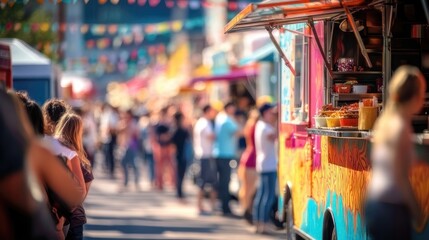 Busy food truck line at a festival. Crowds queueing for food