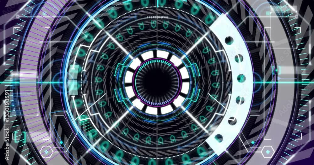 Poster futuristic digital interface with circular patterns and binary code animation