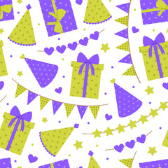 Seamless pattern with gift boxes, party hats and garlands in purple and green colors on white background. Birthday, anniversary celebration. Vector flat illustration for wallpaper, textile, packaging