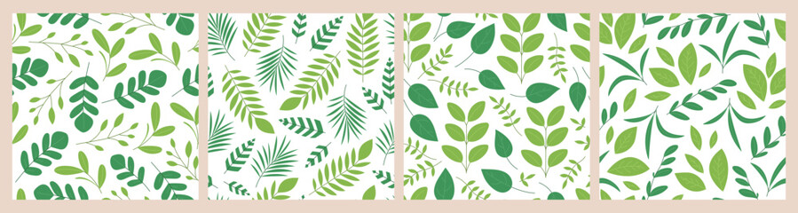 Branches and leaves seamless patterns set. Green collection with different foliage on white background. Summer or spring garden, forest. Vector flat illustration for wallpaper, textile, packaging
