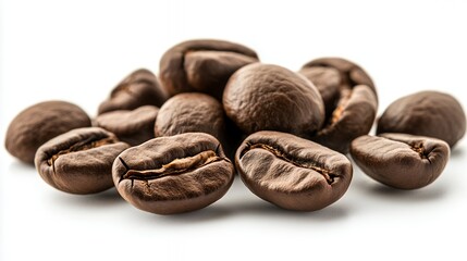 Naklejka premium Close up of Roasted Coffee Beans on White Background for Beverage Concept