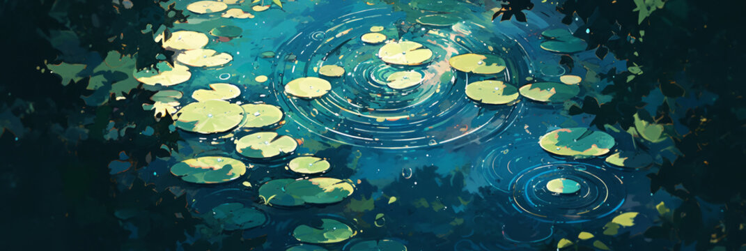 A serene illustration of raindrops falling on a forest pond, viewed from above, with the delicate expansion of circles on the water's surface, contrasting light and shadow enhancing the peaceful vibe