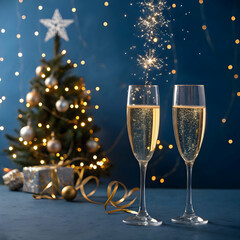 Two champagne glasses with a christmas tree in the background