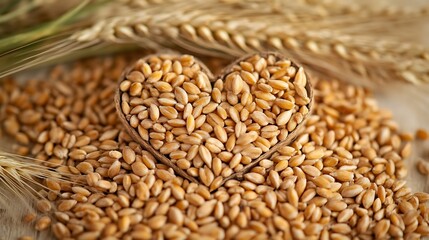 Fototapeta premium A heart-shaped arrangement of wheat grains surrounded by natural elements.