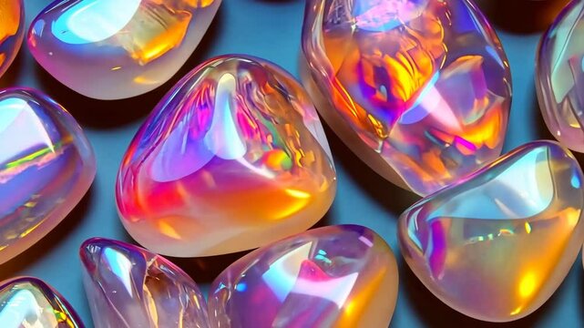 Colorful, translucent Opal gemstones with a glossy surface, reflecting light in various hues of orange, purple, and blue mineral pattern texture macro background.