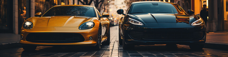 Two luxury sports cars parked side by side on an urban street at dusk.