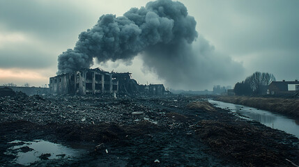 Fototapeta premium Industrial disaster, ruined building, dark smoke