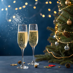 Two champagne glasses with a christmas tree in the background