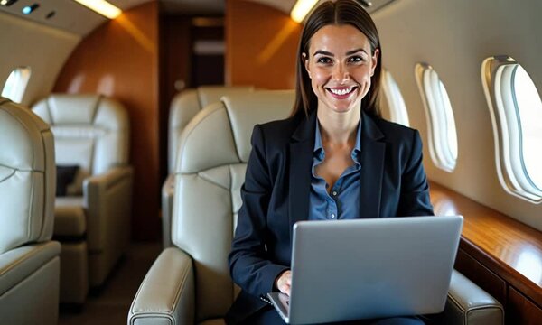Businesswoman Working on Laptop Inside a Private Jet