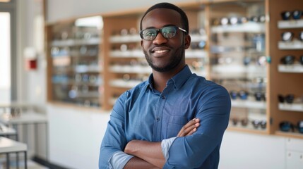 Fototapeta premium Portrait of a content man in eyeglasses, showcasing expertise in vision assistance and eye care with professionalism and pride