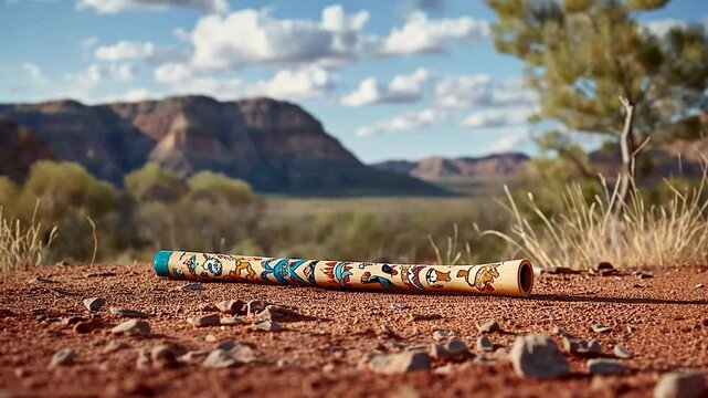 Colorful traditional flute resting on red earth with mountains and blue sky in the background