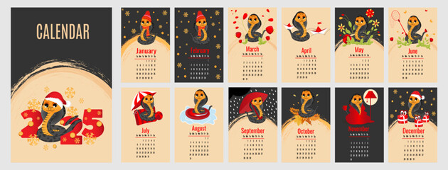 Calendar for 2025 with symbol of the year snake. Cute little cobra in cartoon style. Week starts on Sunday. A set of 12 pages and cover in size A3, A4, A5. Vector illustration in vertical format.