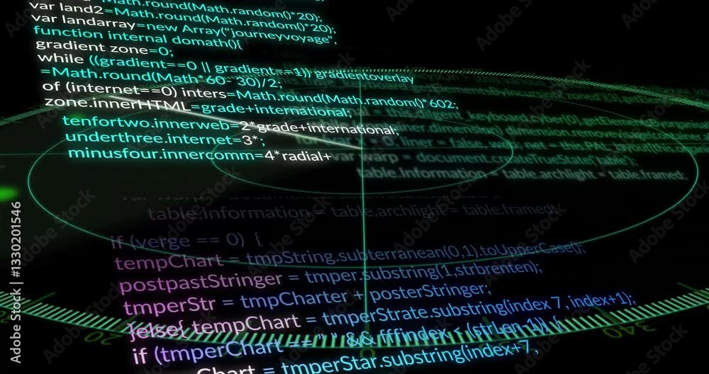 Poster computer code and data processing animation over dark background with glowing text