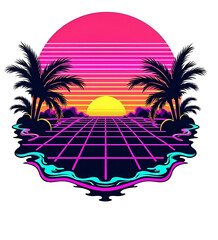 Experience the essence of the 80s with this vibrant synthwave design, featuring a bold sunset over a grid landscape 