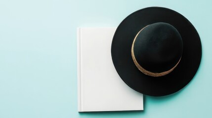 Fototapeta premium Stylish black hat and a blank book on a pastel background