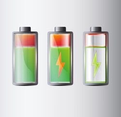 Vector set of battery charge indicators with low and high energy levels isolated on background
