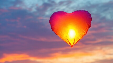 Obraz premium Bright Heart-Shaped Lantern Floating in Evening Sky at Sunset