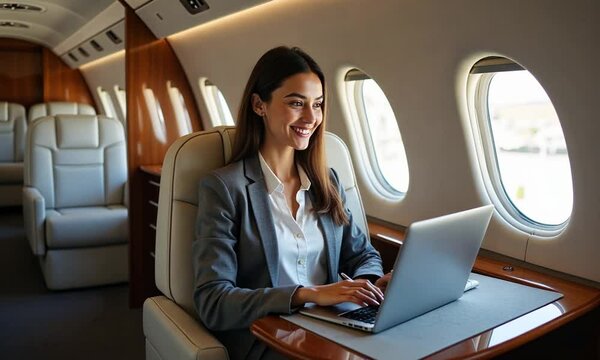 Businesswoman Working on Laptop Inside a Private Jet